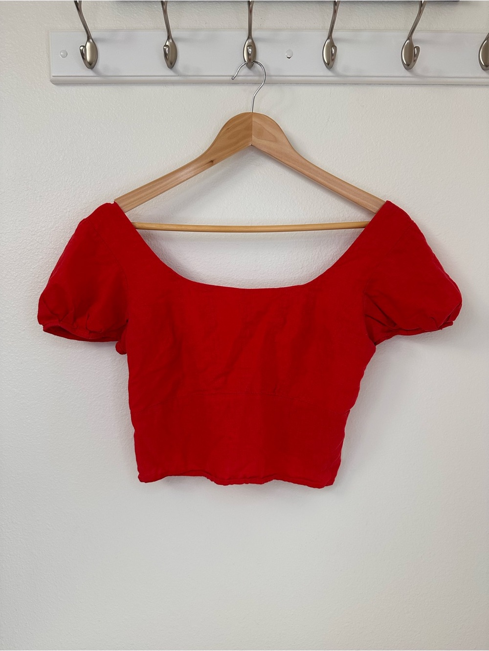 Urban Outfitters Medium Red Puff Sleeve Crop Top, Fitted Rushed Back, Linen